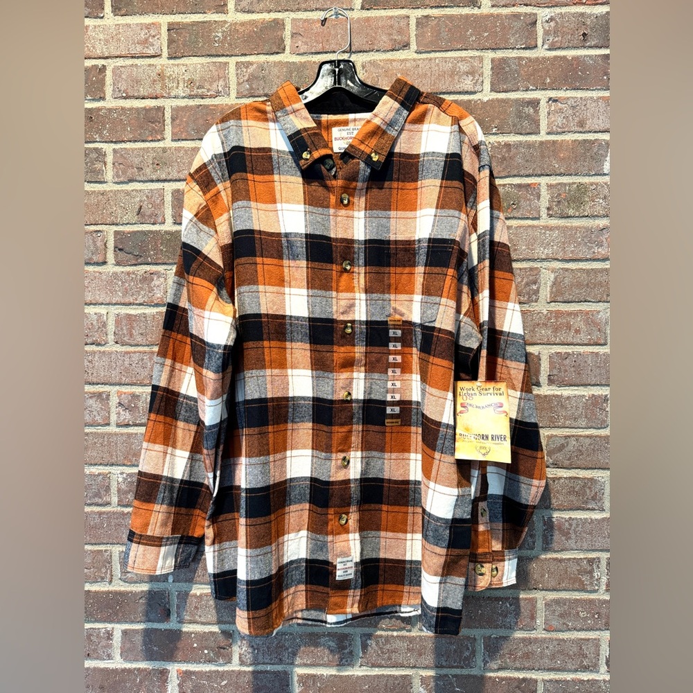 NWT Buckhorn River Men’s Relaxed Fit Tan & Black Flannel Shirt Size XL